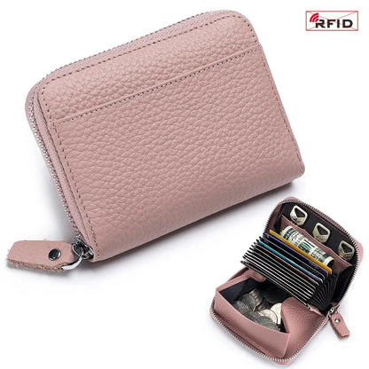 Women's RFID Blocking Credit Wallet Minimalist Genuine Leather Zippered Small Coin Purse Organ Card Holder with 3 Key Slot