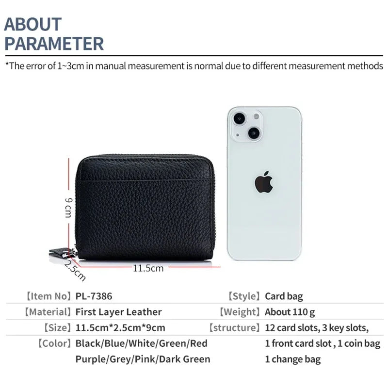 Women's RFID Blocking Credit Wallet Minimalist Genuine Leather Zippered Small Coin Purse Organ Card Holder with 3 Key Slot