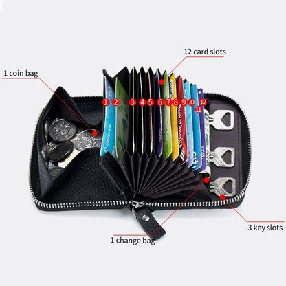 Women's RFID Blocking Credit Wallet Minimalist Genuine Leather Zippered Small Coin Purse Organ Card Holder with 3 Key Slot