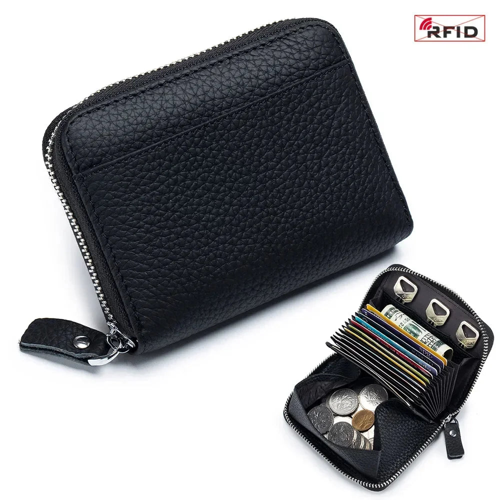 Women's RFID Blocking Credit Wallet Minimalist Genuine Leather Zippered Small Coin Purse Organ Card Holder with 3 Key Slot