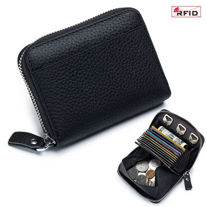 Women's RFID Blocking Credit Wallet Minimalist Genuine Leather Zippered Small Coin Purse Organ Card Holder with 3 Key Slot
