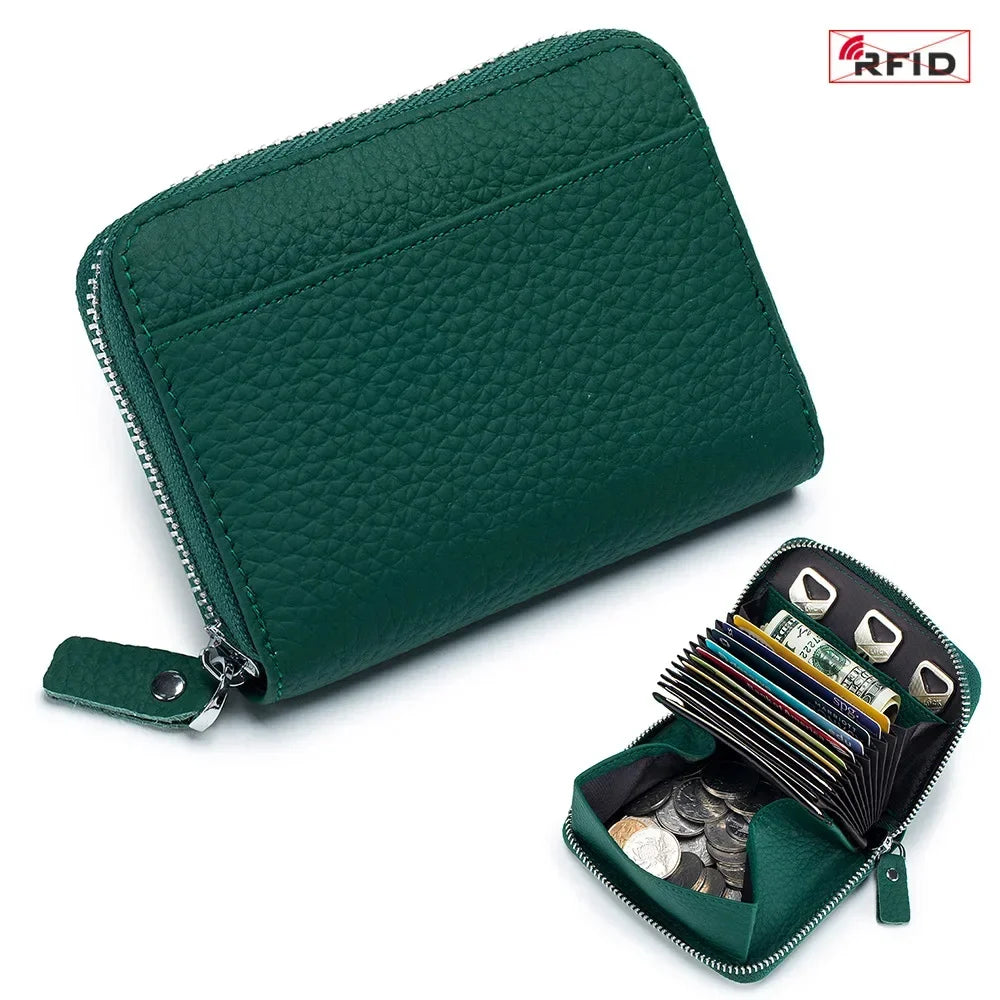 Women's RFID Blocking Credit Wallet Minimalist Genuine Leather Zippered Small Coin Purse Organ Card Holder with 3 Key Slot
