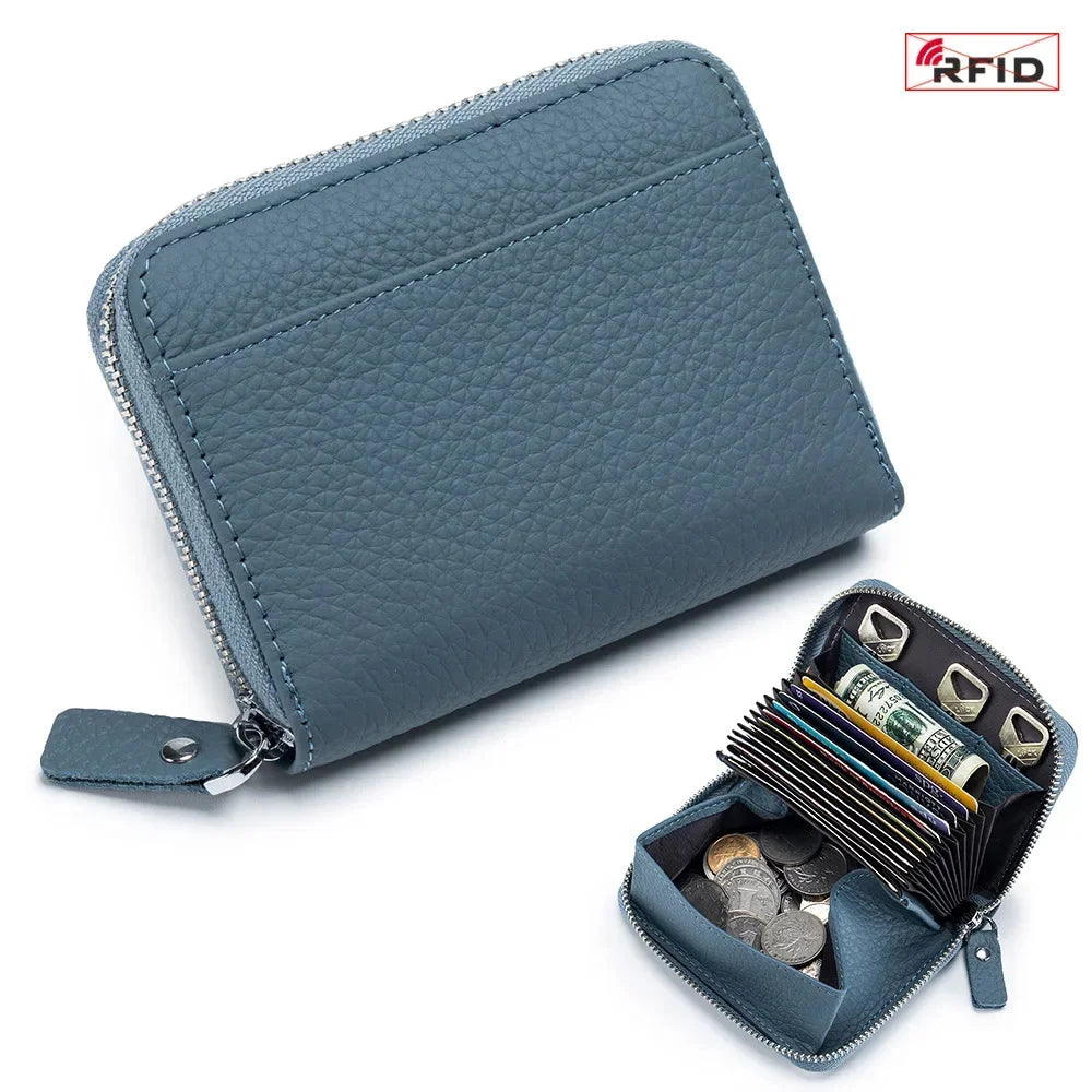 Women's RFID Blocking Credit Wallet Minimalist Genuine Leather Zippered Small Coin Purse Organ Card Holder with 3 Key Slot