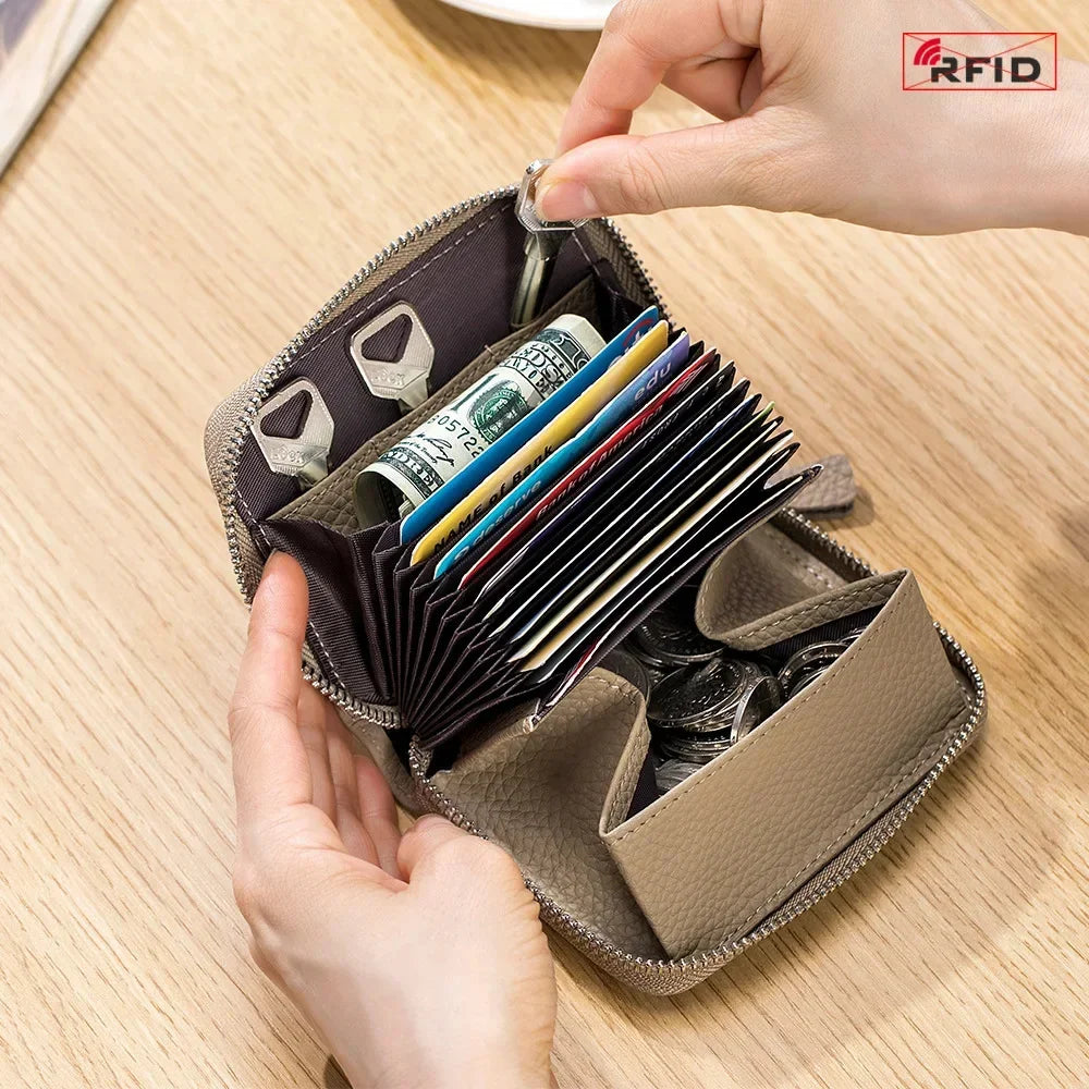 Women's RFID Blocking Credit Wallet Minimalist Genuine Leather Zippered Small Coin Purse Organ Card Holder with 3 Key Slot