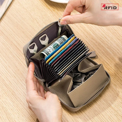 Women's RFID Blocking Credit Wallet Minimalist Genuine Leather Zippered Small Coin Purse Organ Card Holder with 3 Key Slot
