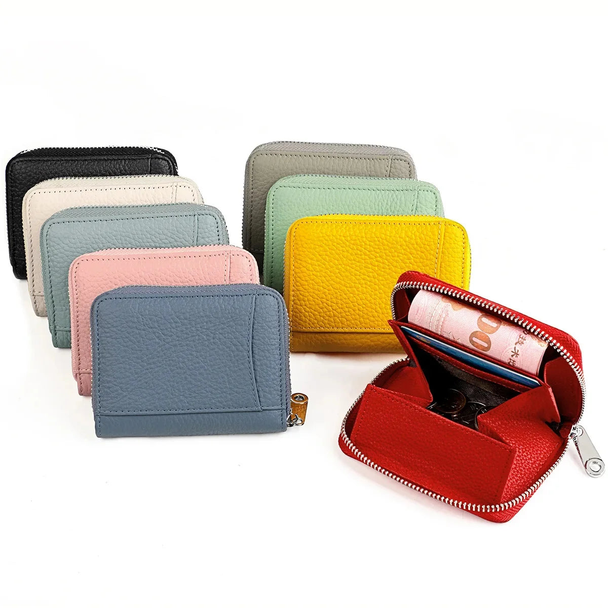 Women's RFID Blocking Credit Wallet Solid Minimalist Genuine Leather Zippered Around Small Coin Purse with Front Card Slot