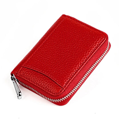 Women's RFID Blocking Credit Wallet Solid Minimalist Genuine Leather Zippered Around Small Coin Purse with Front Card Slot