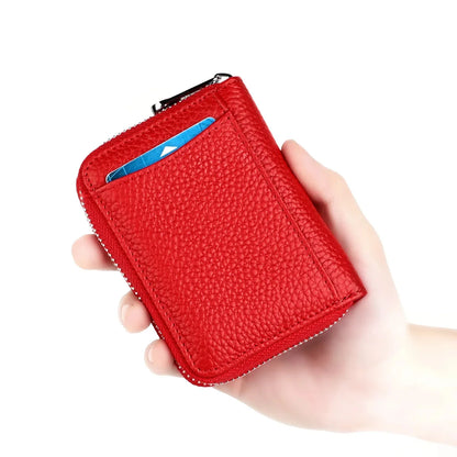 Women's RFID Blocking Credit Wallet Solid Minimalist Genuine Leather Zippered Around Small Coin Purse with Front Card Slot