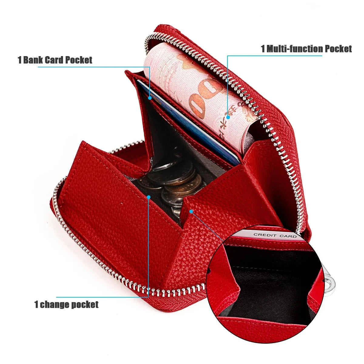 Women's RFID Blocking Credit Wallet Solid Minimalist Genuine Leather Zippered Around Small Coin Purse with Front Card Slot