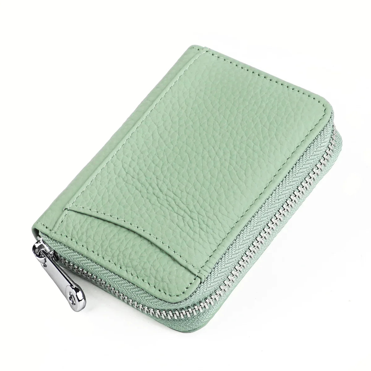 Women's RFID Blocking Credit Wallet Solid Minimalist Genuine Leather Zippered Around Small Coin Purse with Front Card Slot