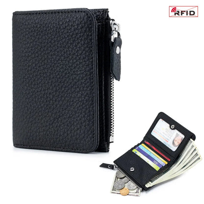 Women's RFID Blocking Leather Compact Bi-fold Wallet for Woman Zipper Coin Pocket Small Ladies Purse with ID Window