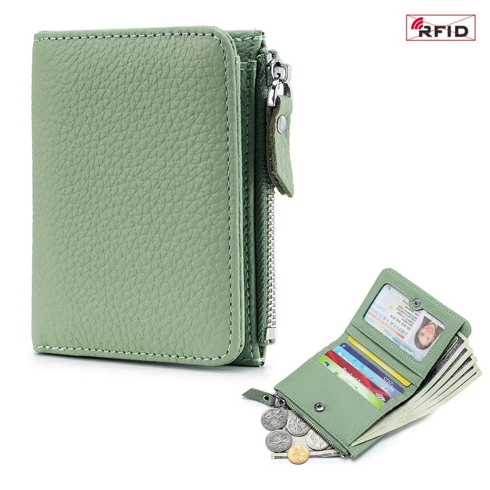 Women's RFID Blocking Leather Compact Bi-fold Wallet for Woman Zipper Coin Pocket Small Ladies Purse with ID Window