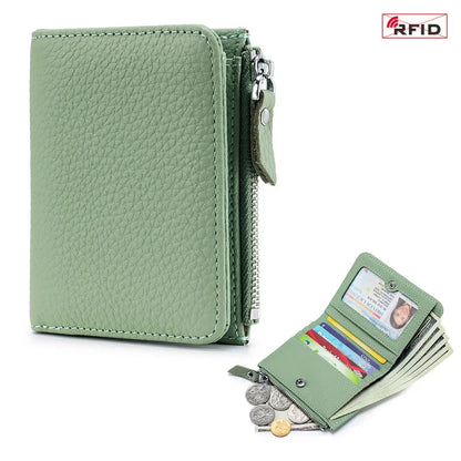 Women's RFID Blocking Leather Compact Bi-fold Wallet for Woman Zipper Coin Pocket Small Ladies Purse with ID Window