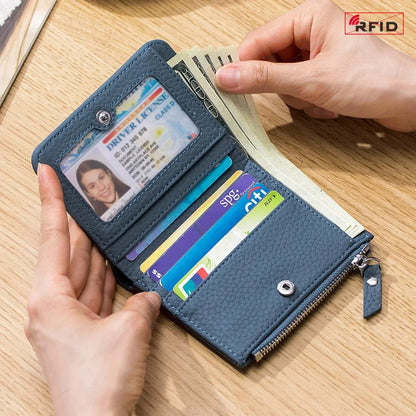 Women's RFID Blocking Leather Compact Bi-fold Wallet for Woman Zipper Coin Pocket Small Ladies Purse with ID Window