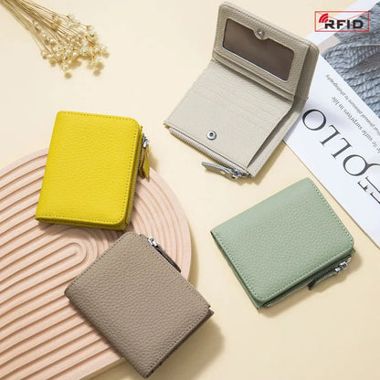 Women's RFID Blocking Leather Compact Bi-fold Wallet for Woman Zipper Coin Pocket Small Ladies Purse with ID Window