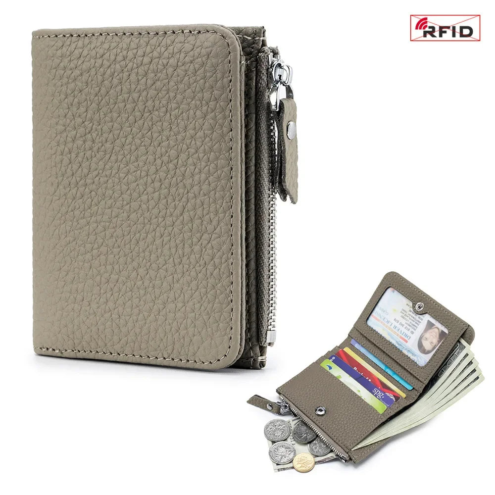 Women's RFID Blocking Leather Compact Bi-fold Wallet for Woman Zipper Coin Pocket Small Ladies Purse with ID Window