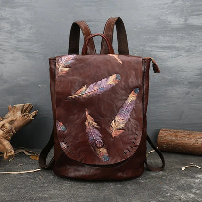 Women's Retro Luxury Genuine Leather Bag For Women Vintage Embossed Cowhide s Leisure Feather Backpack Ladies