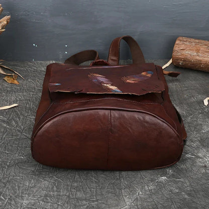 Women's Retro Luxury Genuine Leather Bag For Women Vintage Embossed Cowhide s Leisure Feather Backpack Ladies
