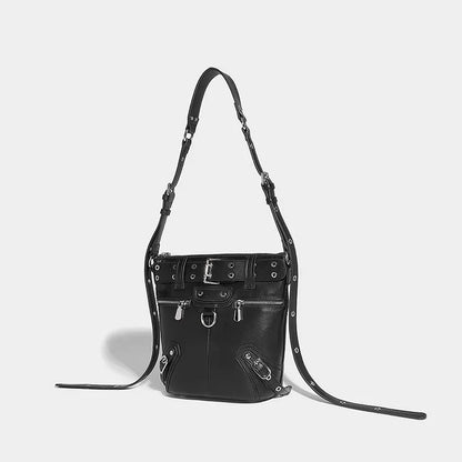 Women's Shoulder Oil Waxed Leather Motorcycle Bucket 2024 Textured Underarm Versatile Trendy Crossbody Bag for Women