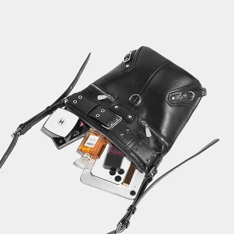 Women's Shoulder Oil Waxed Leather Motorcycle Bucket 2024 Textured Underarm Versatile Trendy Crossbody Bag for Women