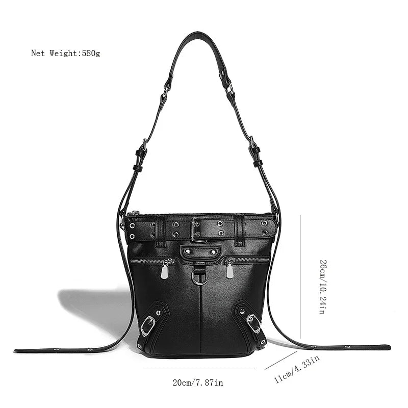 Women's Shoulder Oil Waxed Leather Motorcycle Bucket 2024 Textured Underarm Versatile Trendy Crossbody Bag for Women