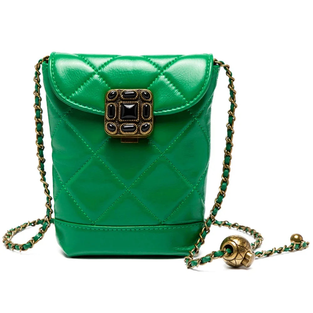 Women's Small Ball Strap Single Shoulder Cow Fashion Genuine Leather Mobile Phone Chain Bag