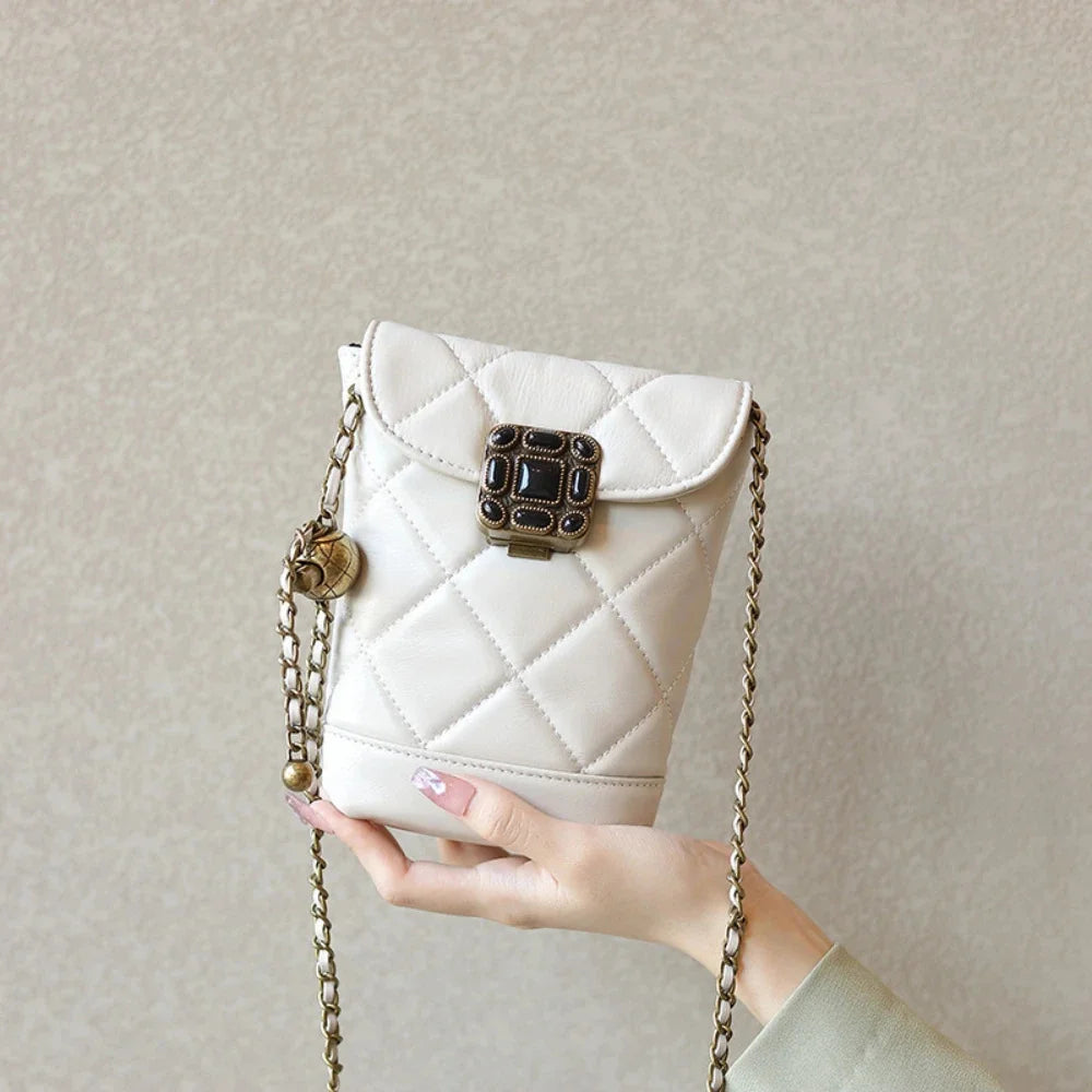 Women's Small Ball Strap Single Shoulder Cow Fashion Genuine Leather Mobile Phone Chain Bag