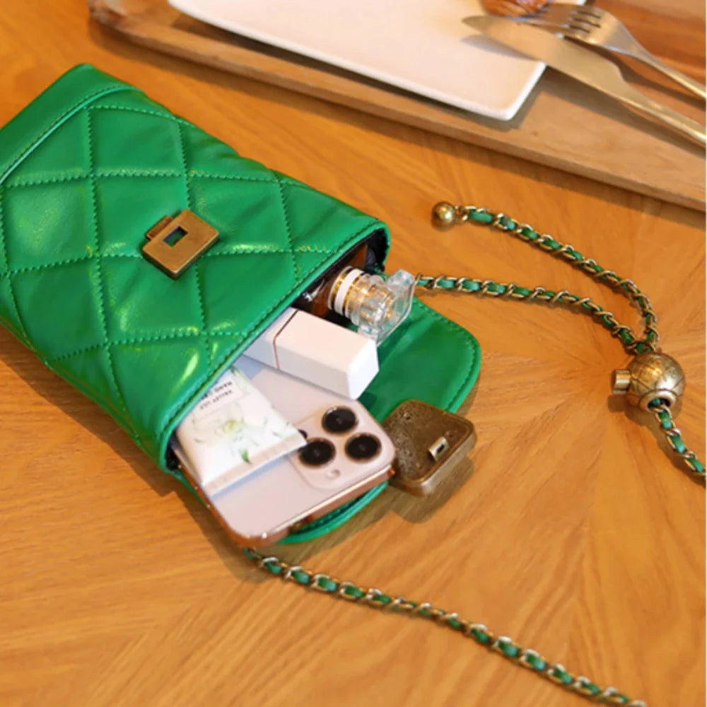 Women's Small Ball Strap Single Shoulder Cow Fashion Genuine Leather Mobile Phone Chain Bag