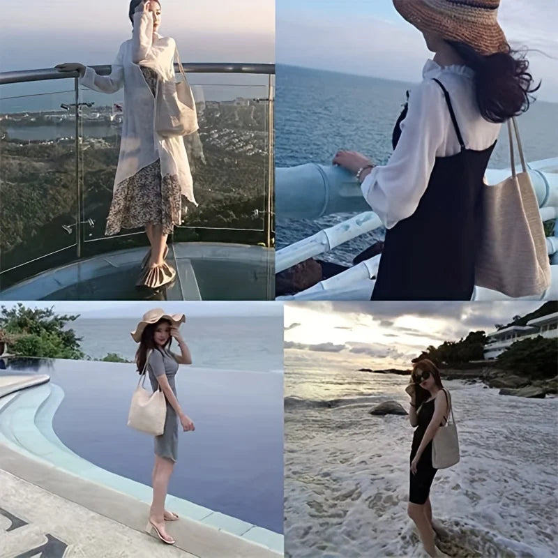 Women's Straw Beach Bag Bali Straw Handbag Lady Travel Woven Shoulder Bag Casual Summer Large Capacity Tote Bag For Holiday