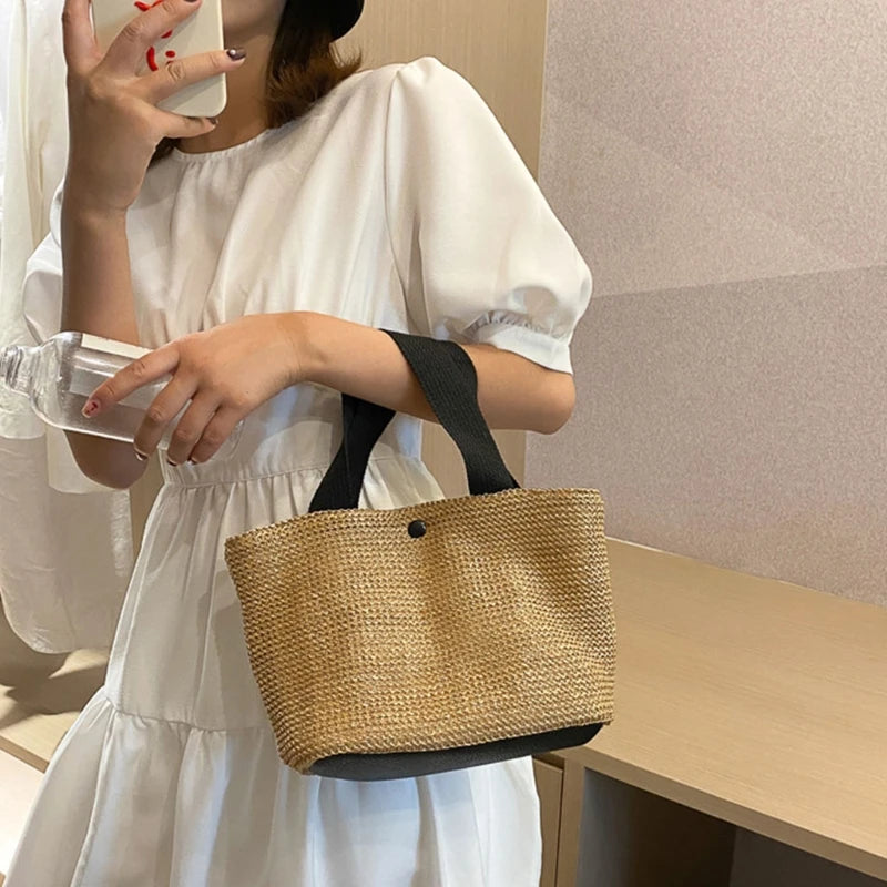 Women's Straw Handbags Large Summer Beach Tote Woven Square Handle Purse Shoulder Bag Vocation Handbag