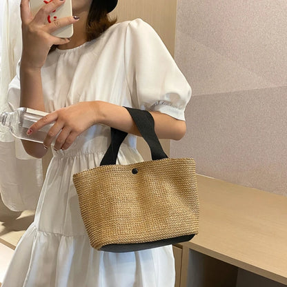 Women's Straw Handbags Large Summer Beach Tote Woven Square Handle Purse Shoulder Bag Vocation Handbag