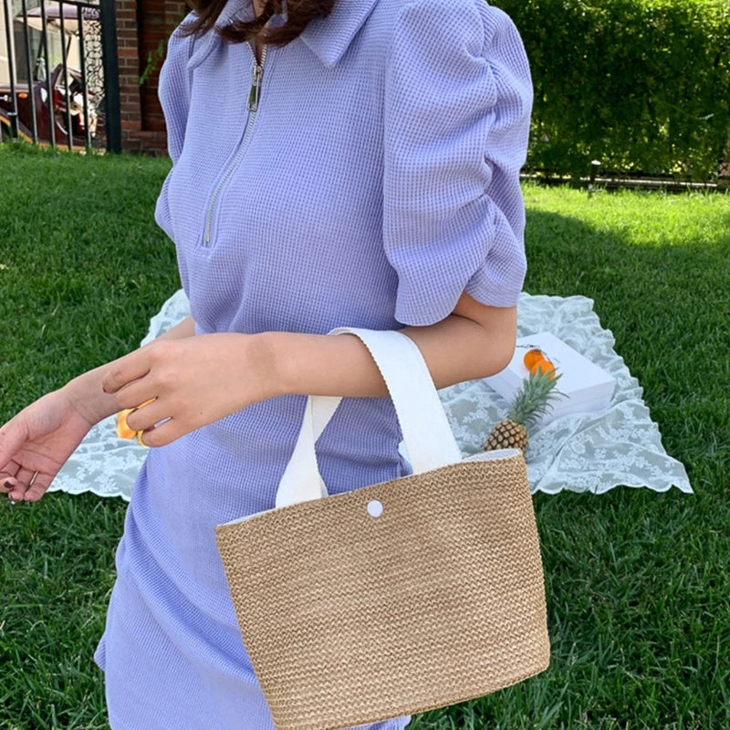Women's Straw Handbags Large Summer Beach Tote Woven Square Handle Purse Shoulder Bag Vocation Handbag