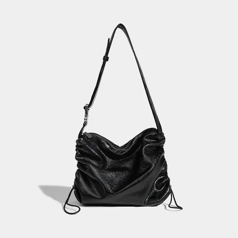 Women's Tote Retro Casual Pleated 2024 Oil Wax Leather Large Capacity Underarm Niche Design Drawstring Crossbody Bag