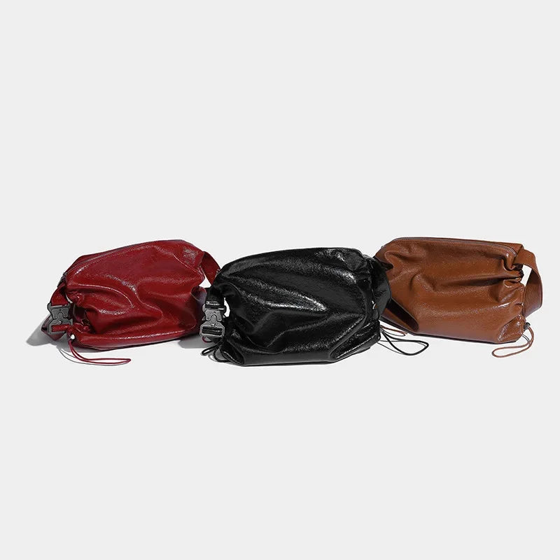 Women's Tote Retro Casual Pleated 2024 Oil Wax Leather Large Capacity Underarm Niche Design Drawstring Crossbody Bag