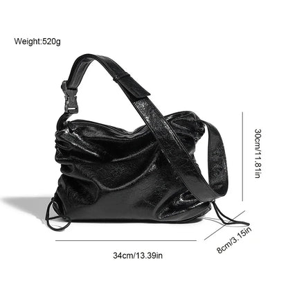 Women's Tote Retro Casual Pleated 2024 Oil Wax Leather Large Capacity Underarm Niche Design Drawstring Crossbody Bag