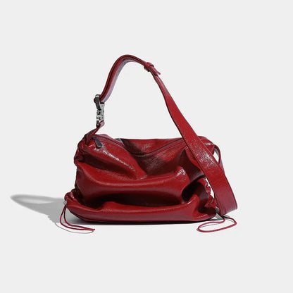 Women's Tote Retro Casual Pleated 2024 Oil Wax Leather Large Capacity Underarm Niche Design Drawstring Crossbody Bag