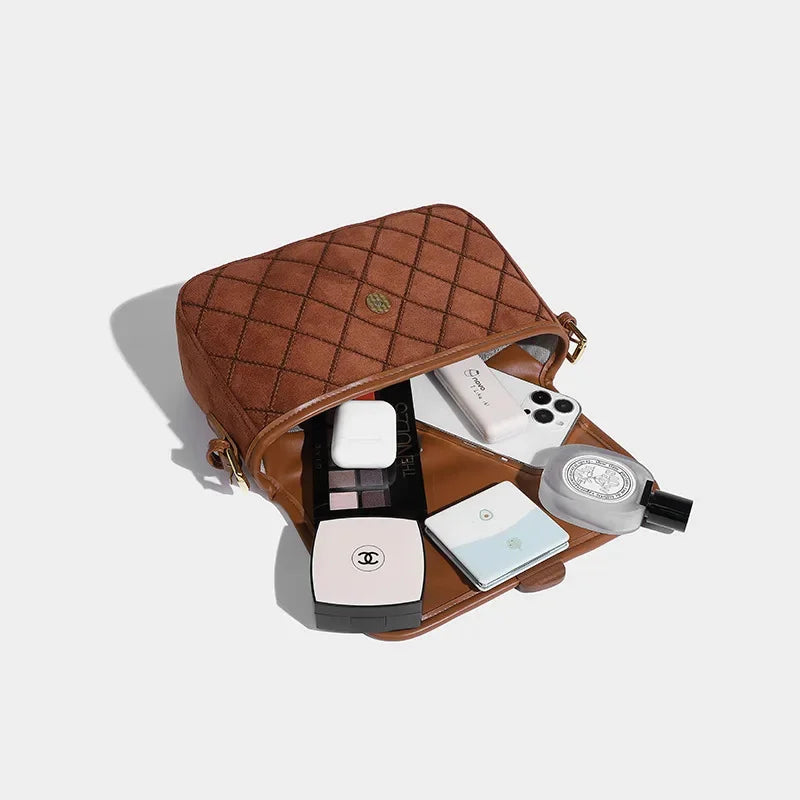 Women's Underarm 2024 Suede Feel Retro Small Square Fashion Brown Diamond Shoulder Maillard Crossbody Bag