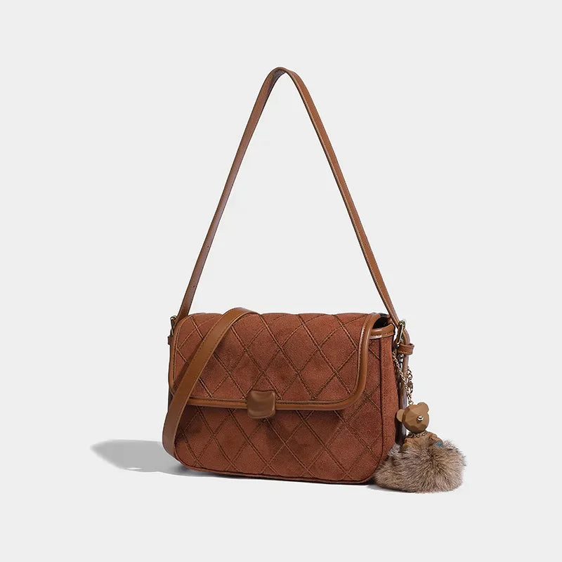 Women's Underarm 2024 Suede Feel Retro Small Square Fashion Brown Diamond Shoulder Maillard Crossbody Bag