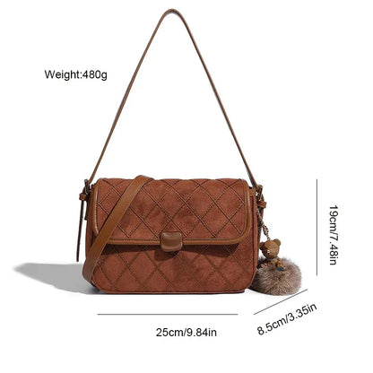 Women's Underarm 2024 Suede Feel Retro Small Square Fashion Brown Diamond Shoulder Maillard Crossbody Bag