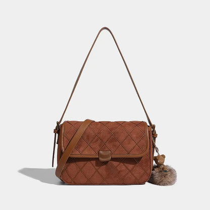 Women's Underarm 2024 Suede Feel Retro Small Square Fashion Brown Diamond Shoulder Maillard Crossbody Bag