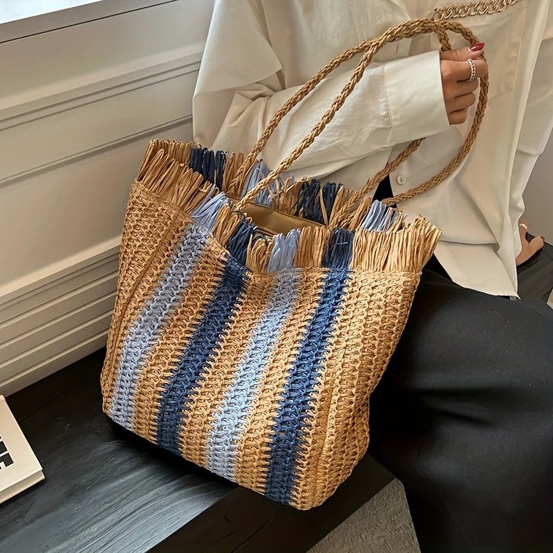 Women's Vertical Stripes Straw Beach Bag Summer Handmade Bags For Lady Beach Weaving Ladies Straw Bag Wrapped Handbags Totes Bag