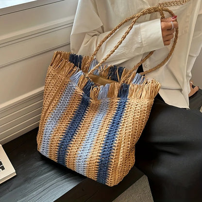 Women's Vertical Stripes Straw Beach Bag Summer Handmade Bags For Lady Beach Weaving Ladies Straw Bag Wrapped Handbags Totes Bag
