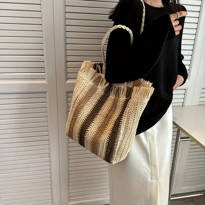 Women's Vertical Stripes Straw Beach Bag Summer Handmade Bags For Lady Beach Weaving Ladies Straw Bag Wrapped Handbags Totes Bag