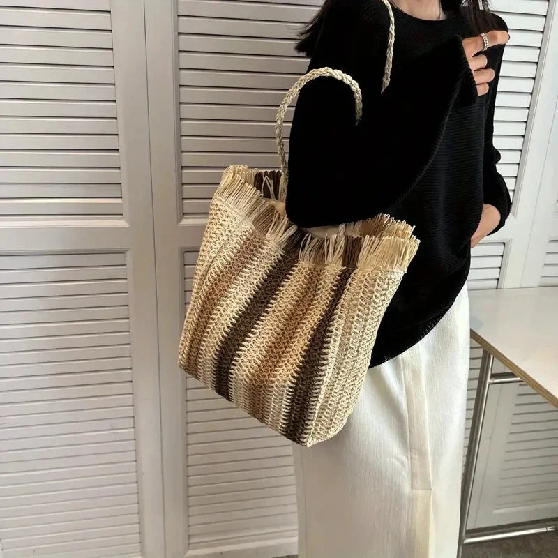 Women's Vertical Stripes Straw Beach Bag Summer Handmade Bags For Lady Beach Weaving Ladies Straw Bag Wrapped Handbags Totes Bag