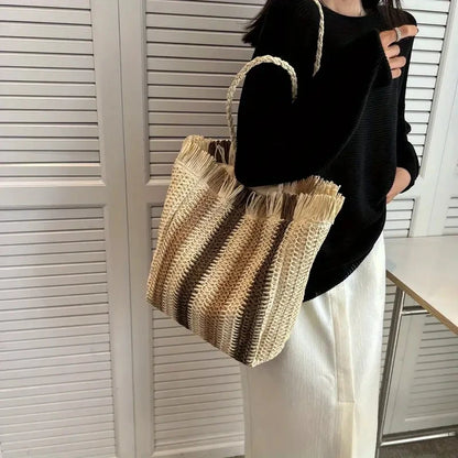 Women's Vertical Stripes Straw Beach Bag Summer Handmade Bags For Lady Beach Weaving Ladies Straw Bag Wrapped Handbags Totes Bag