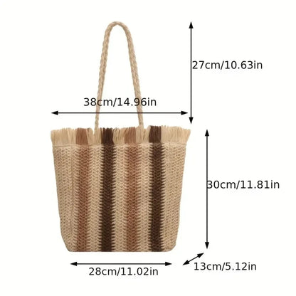 Women's Vertical Stripes Straw Beach Bag Summer Handmade Bags For Lady Beach Weaving Ladies Straw Bag Wrapped Handbags Totes Bag