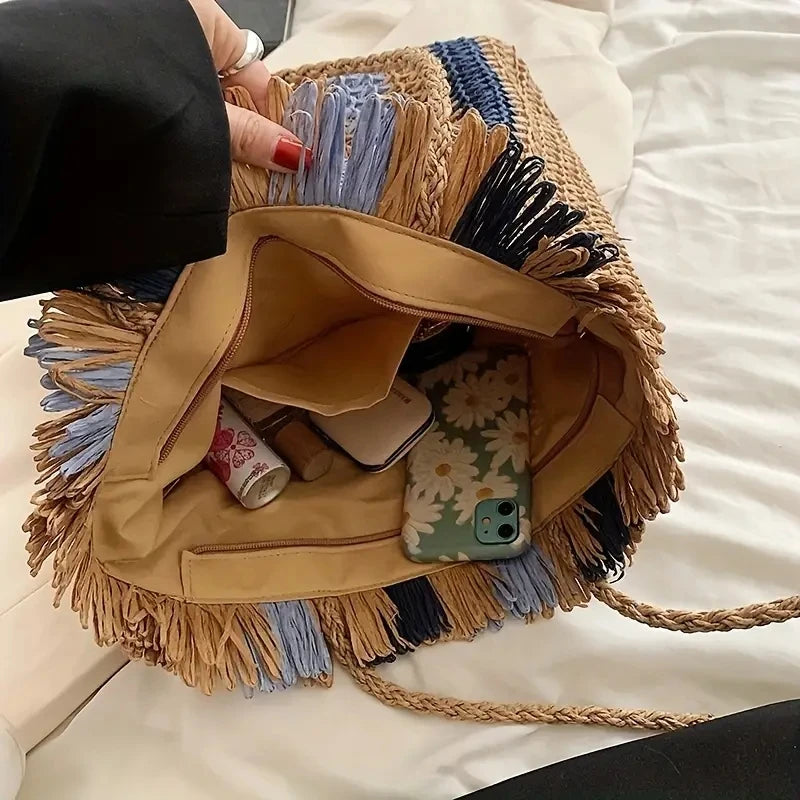 Women's Vertical Stripes Straw Beach Bag Summer Handmade Bags For Lady Beach Weaving Ladies Straw Bag Wrapped Handbags Totes Bag