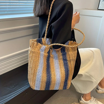 Women's Vertical Stripes Straw Beach Bag Summer Handmade Bags For Lady Beach Weaving Ladies Straw Bag Wrapped Handbags Totes Bag