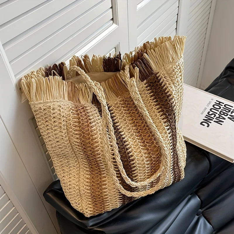 Women's Vertical Stripes Straw Beach Bag Summer Handmade Bags For Lady Beach Weaving Ladies Straw Bag Wrapped Handbags Totes Bag