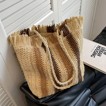 Women's Vertical Stripes Straw Beach Bag Summer Handmade Bags For Lady Beach Weaving Ladies Straw Bag Wrapped Handbags Totes Bag
